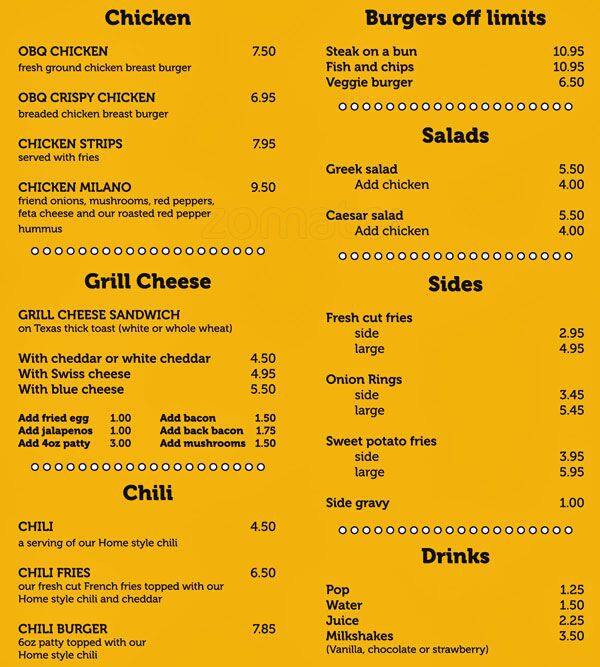 OBQ Burgers Menu, Menu for OBQ Burgers, Etobicoke, Toronto - Urbanspoon ...