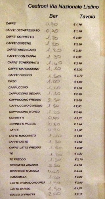 Menu di Castroni 