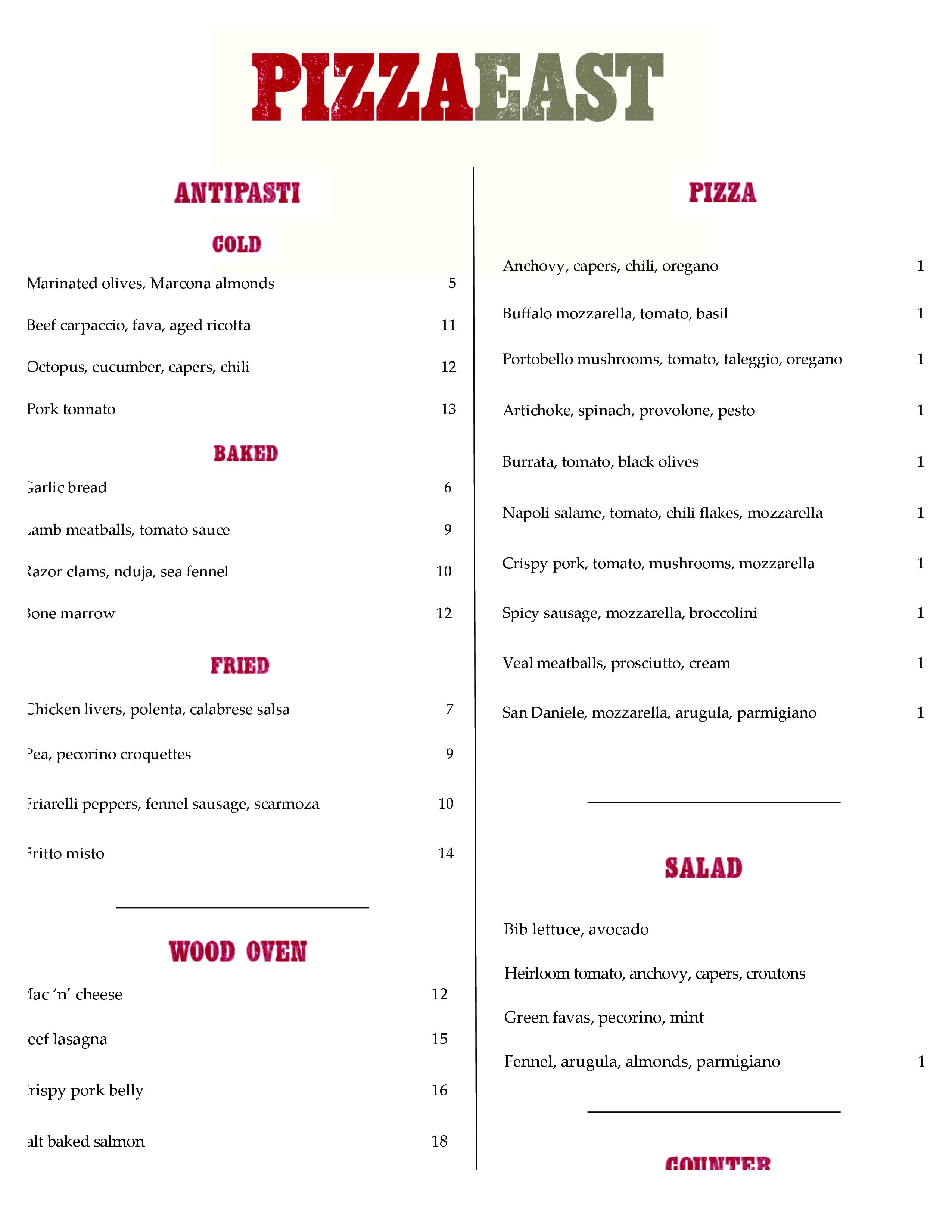Pizza East Menu, Menu for Pizza East, West Loop, Chicago Urbanspoon