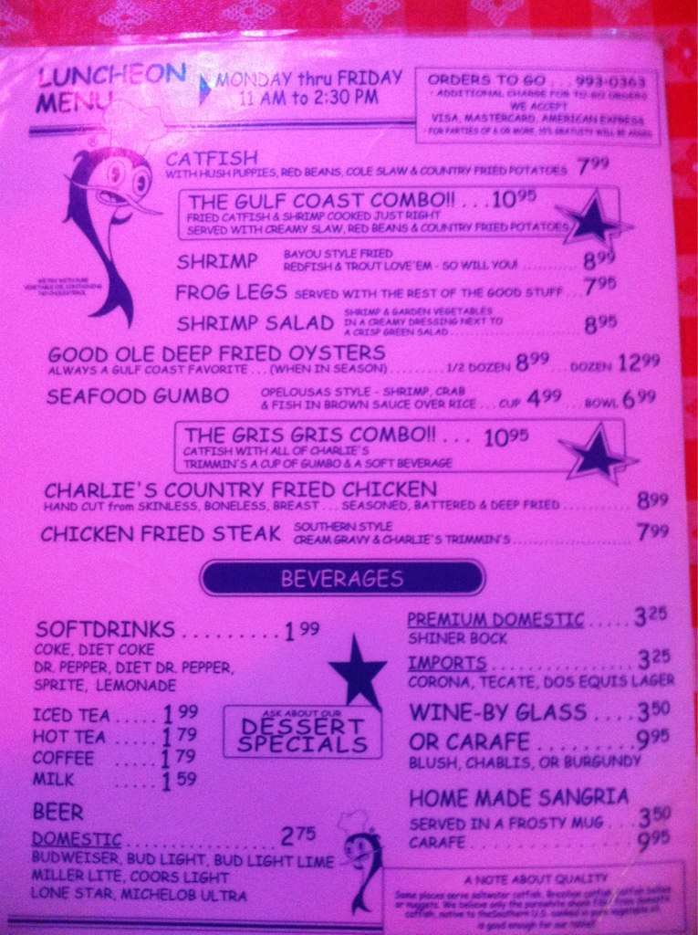 Menu at Catfish Charlie's restaurant, Corpus Christi