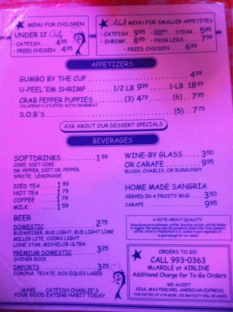 Menu at Catfish Charlie's restaurant, Corpus Christi