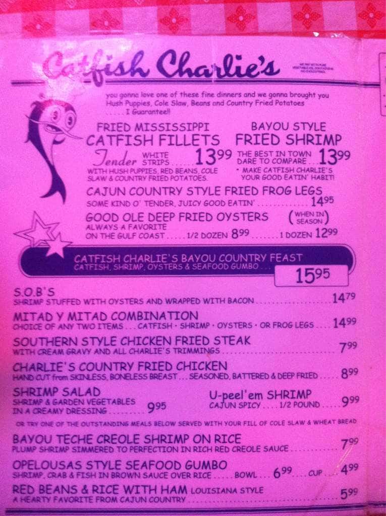 Catfish Charlie's Menu, Menu for Catfish Charlie's, Corpus Christi