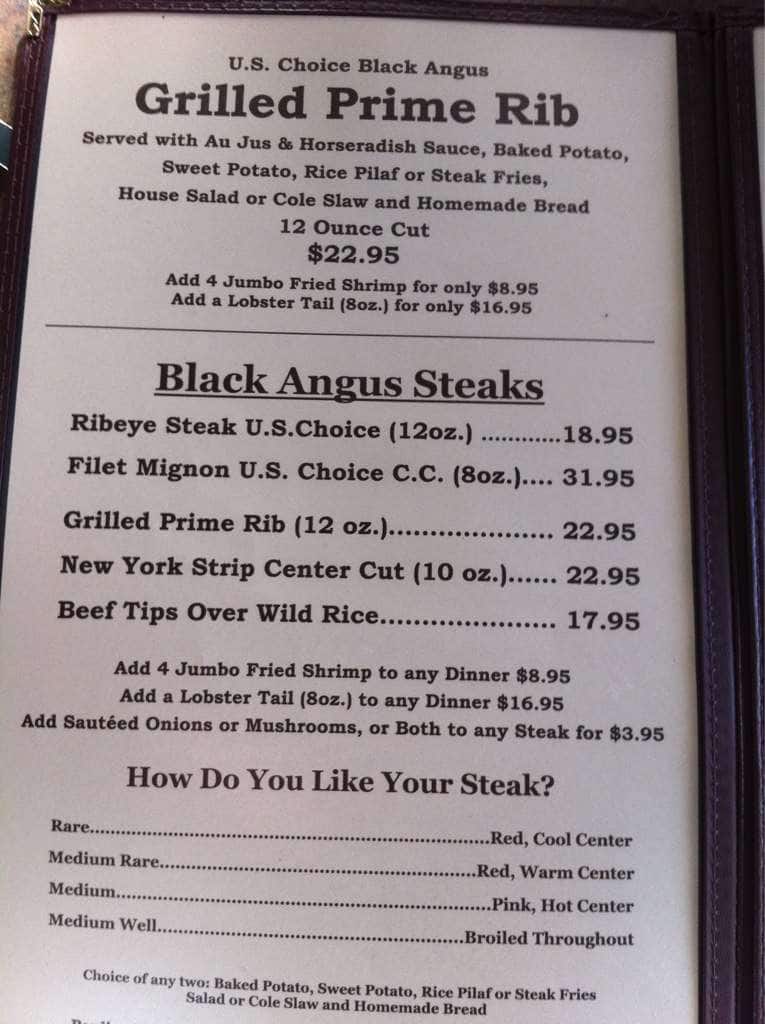 Menu at Paul's Steakhouse, Helen