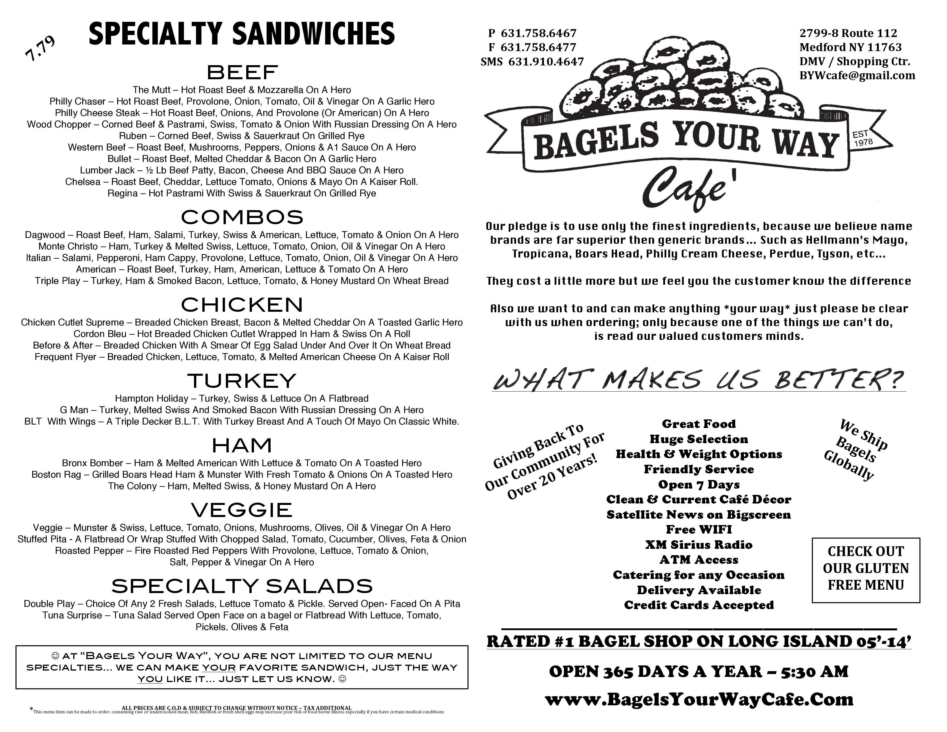 Menu at Bagels Your Way Cafe, Medford