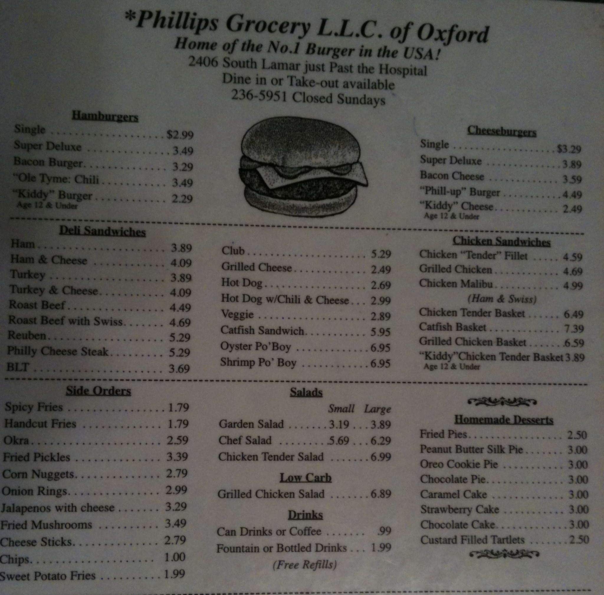 Phillips Grocery Menu, Menu podniku Phillips Grocery, Oxford, Oxford