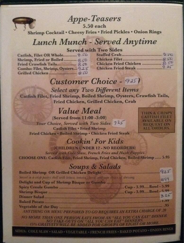 Menu at Catfish Cabin restaurant, Monroe, Louisville Ave