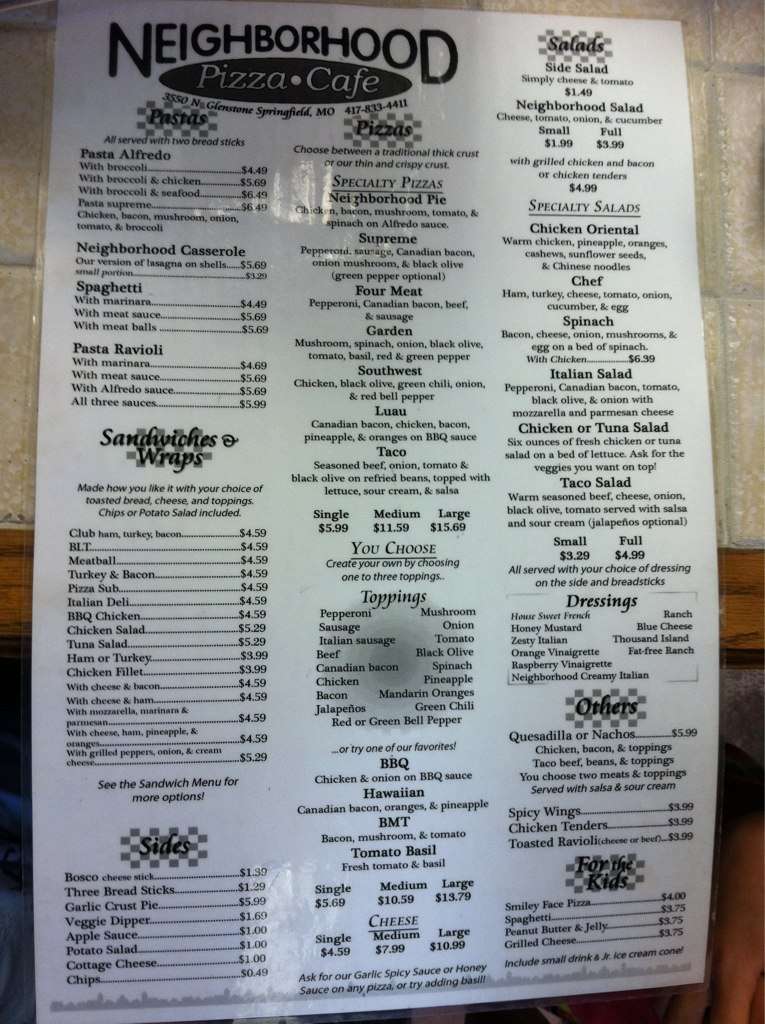Neighborhood Pizza Cafe Menu, Menu for Neighborhood Pizza Cafe