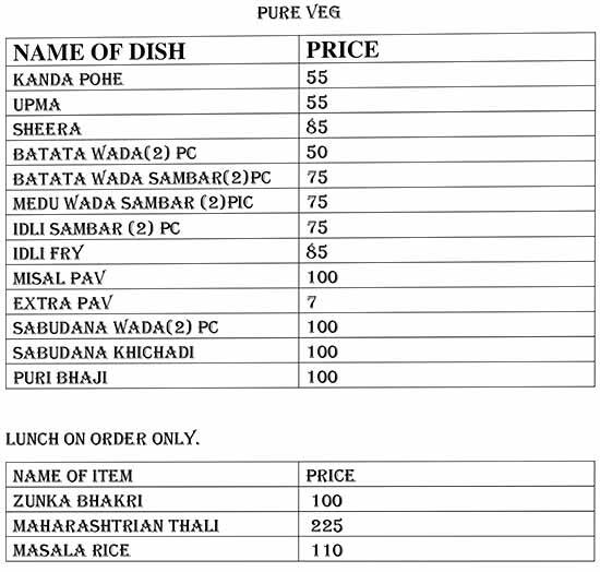 Annapurna Hotel menu