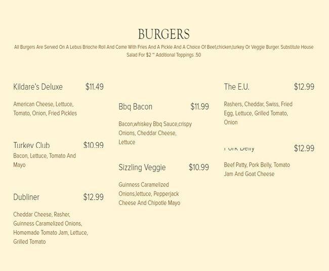 Menu at Kildares Irish Pub West Chester, PA, West Chester