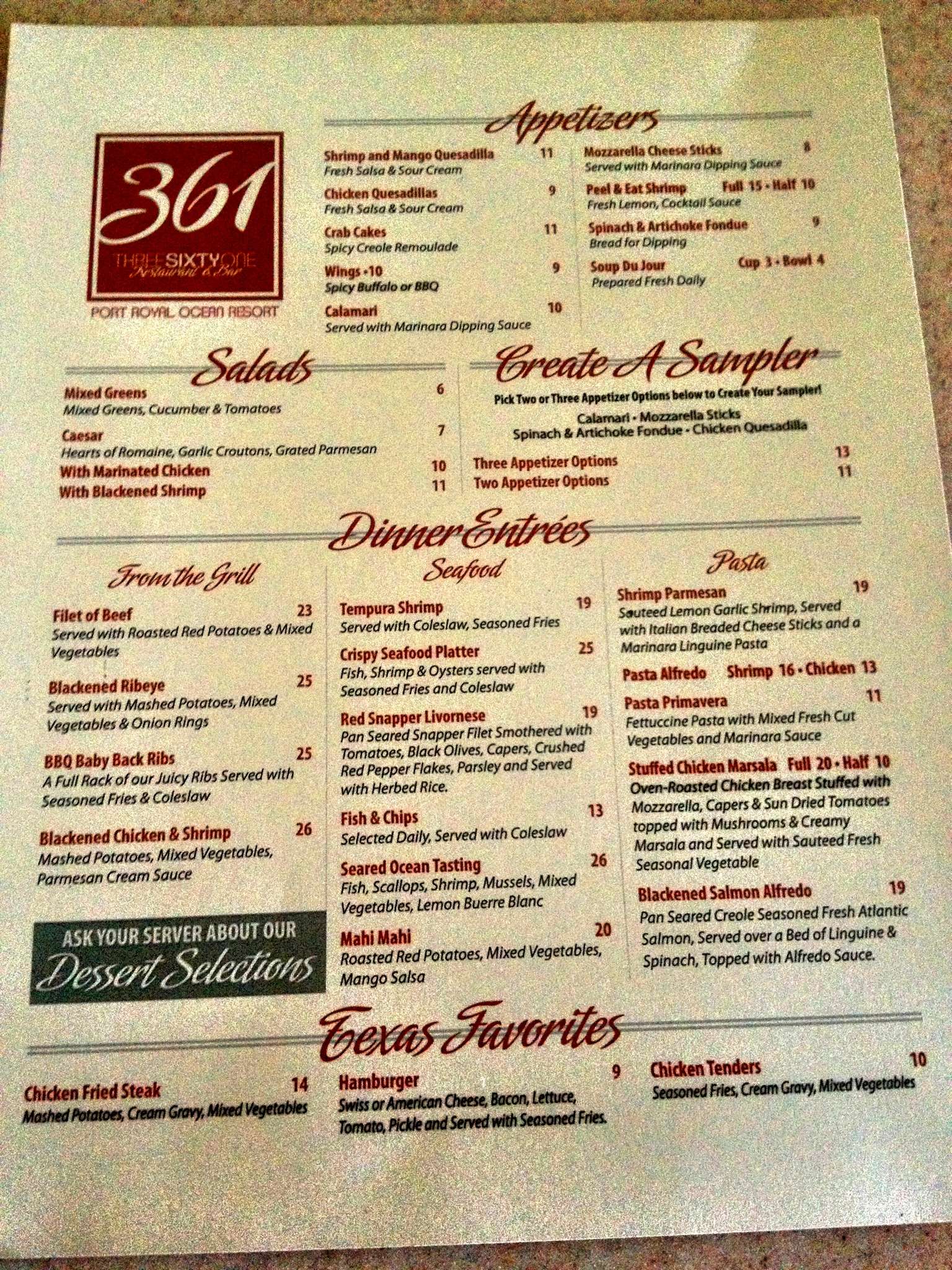 361 Restaurant Menu, Menu for 361 Restaurant, Port Aransas, Corpus