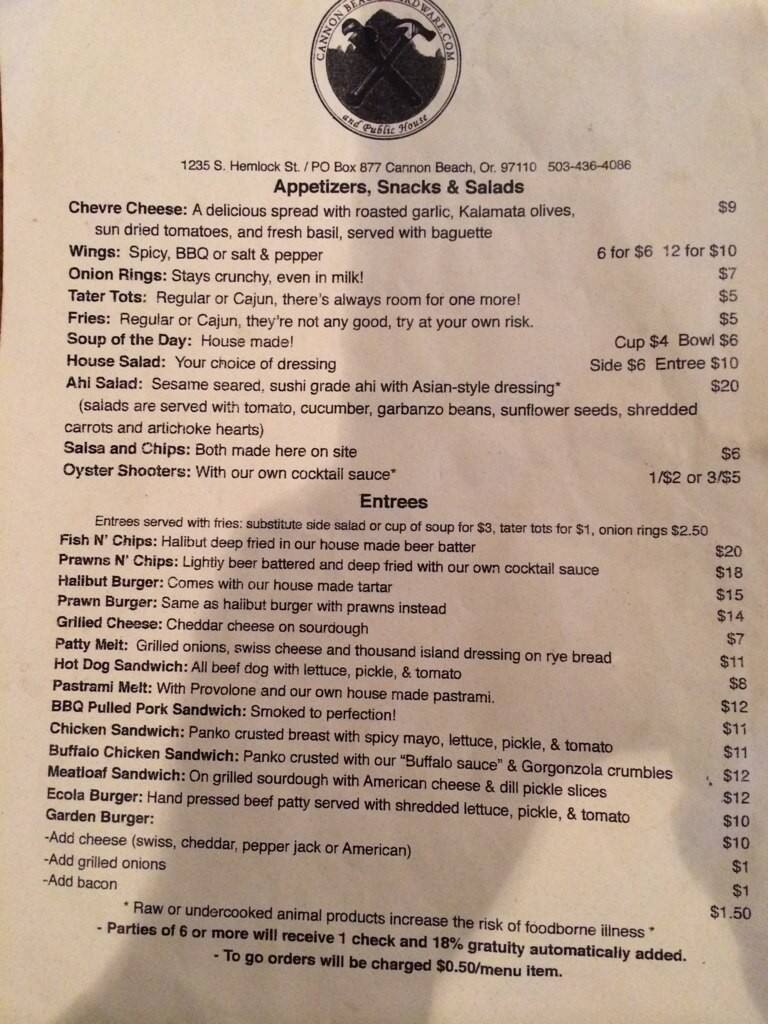 Menu at Cannon Beach Hardware and Public House, Cannon Beach