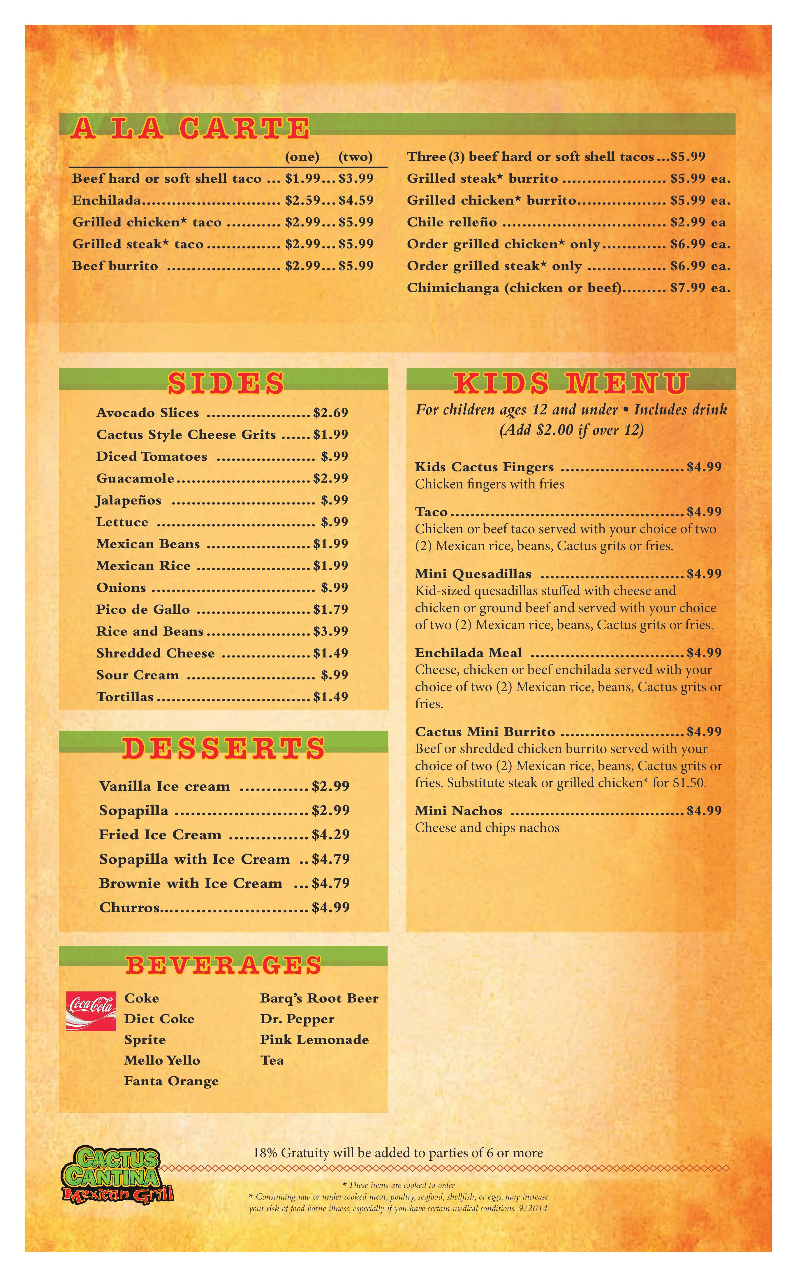 Cactus Cantina Mexican Grill Menu