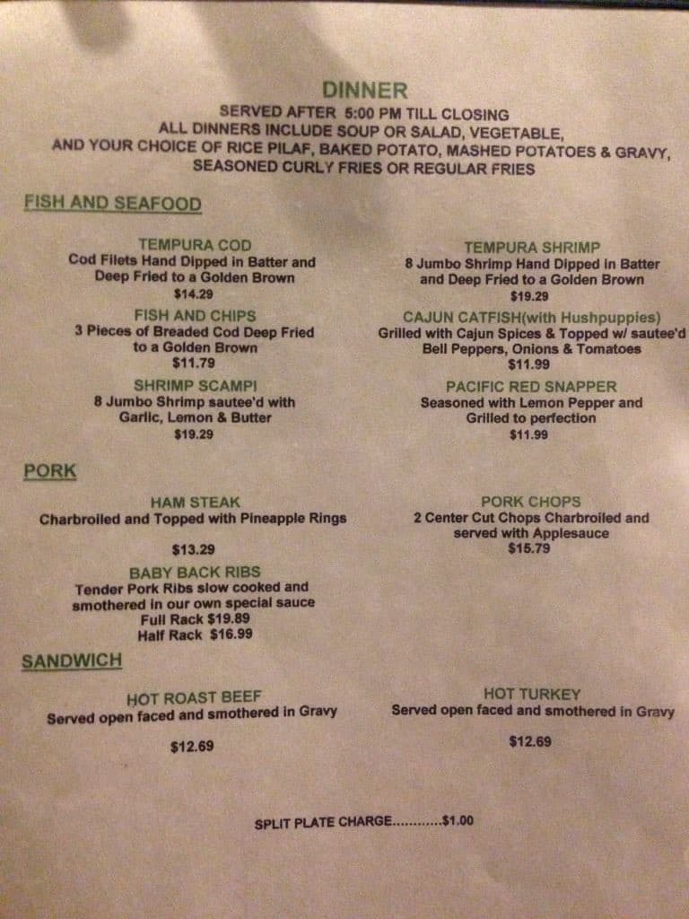 Menu at Cedar Glen Inn restaurant, Lake Arrowhead