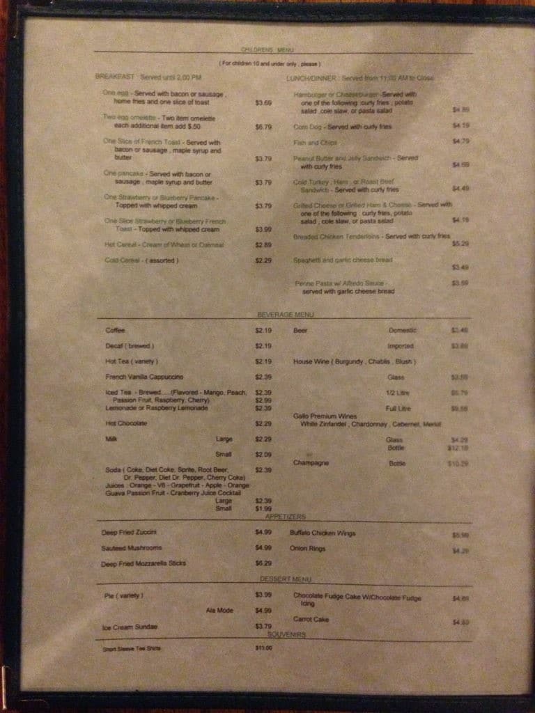 Menu at Cedar Glen Inn restaurant, Lake Arrowhead
