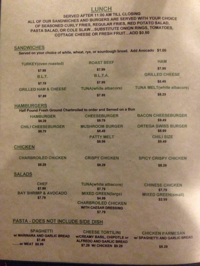 Menu at Cedar Glen Inn restaurant, Lake Arrowhead