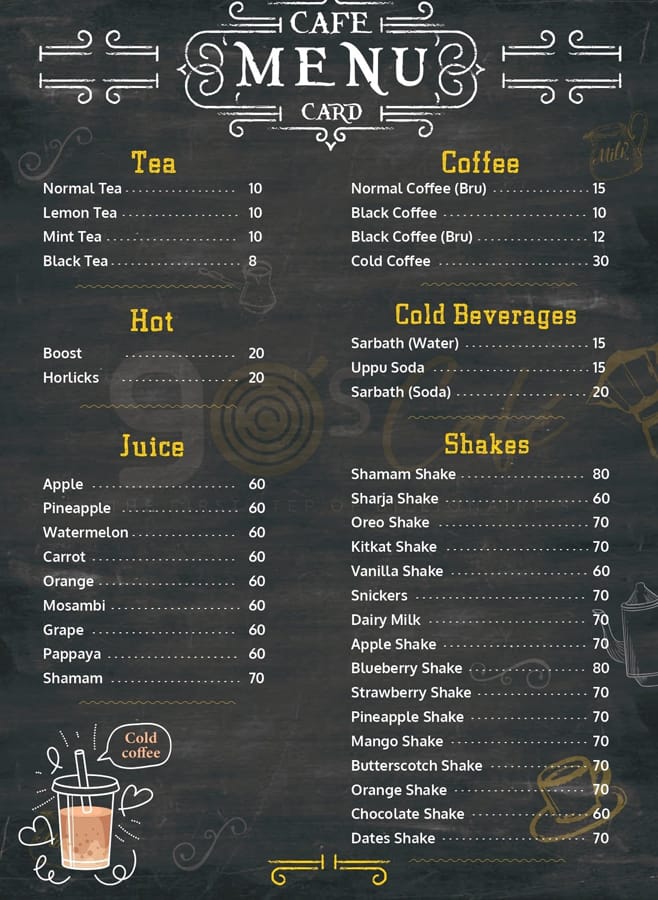 Menu of 90's Cafe, Kacheripady, Kochi