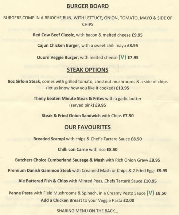 The Red Cow Ackleton Menu - All About Cow Photos