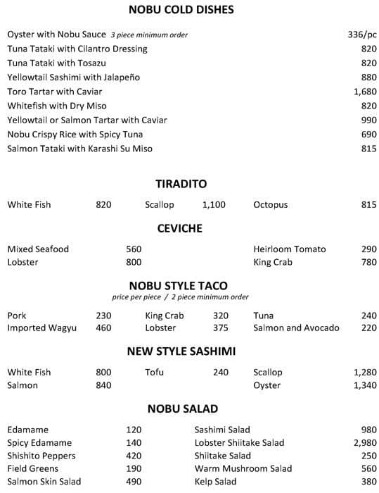 Menu For Nobu Restaurant at Kevin Fisher blog