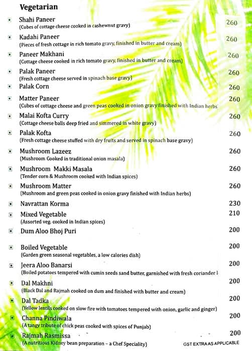 Hotel Parkview Restaurant menu