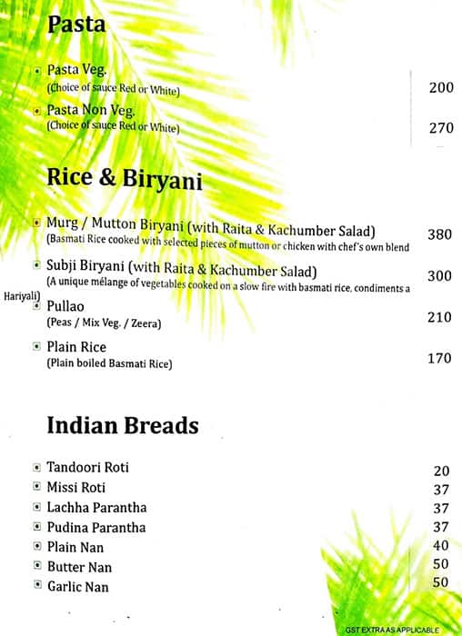 Hotel Parkview Restaurant menu