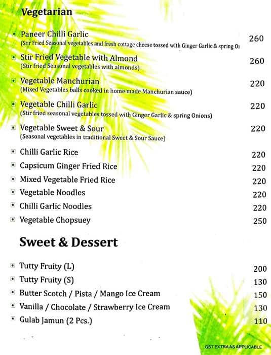Hotel Parkview Restaurant menu