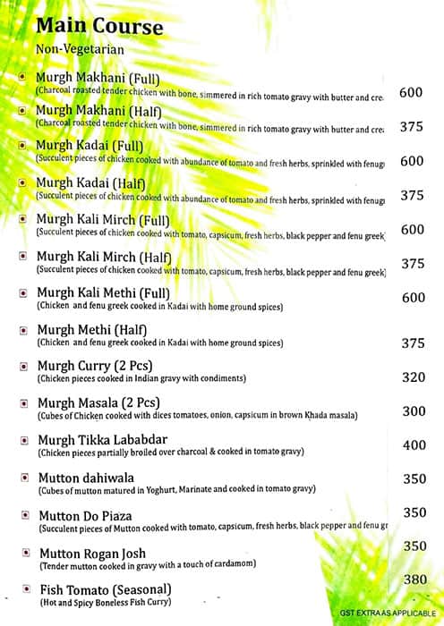 Hotel Parkview Restaurant menu