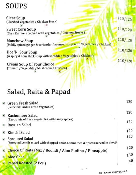 Hotel Parkview Restaurant menu