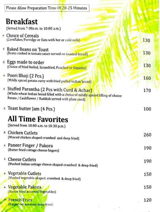 Hotel Parkview Restaurant menu