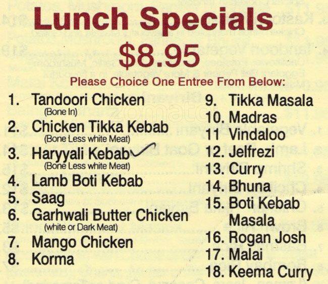 Bombay Grill House, Hell's Kitchen Menu