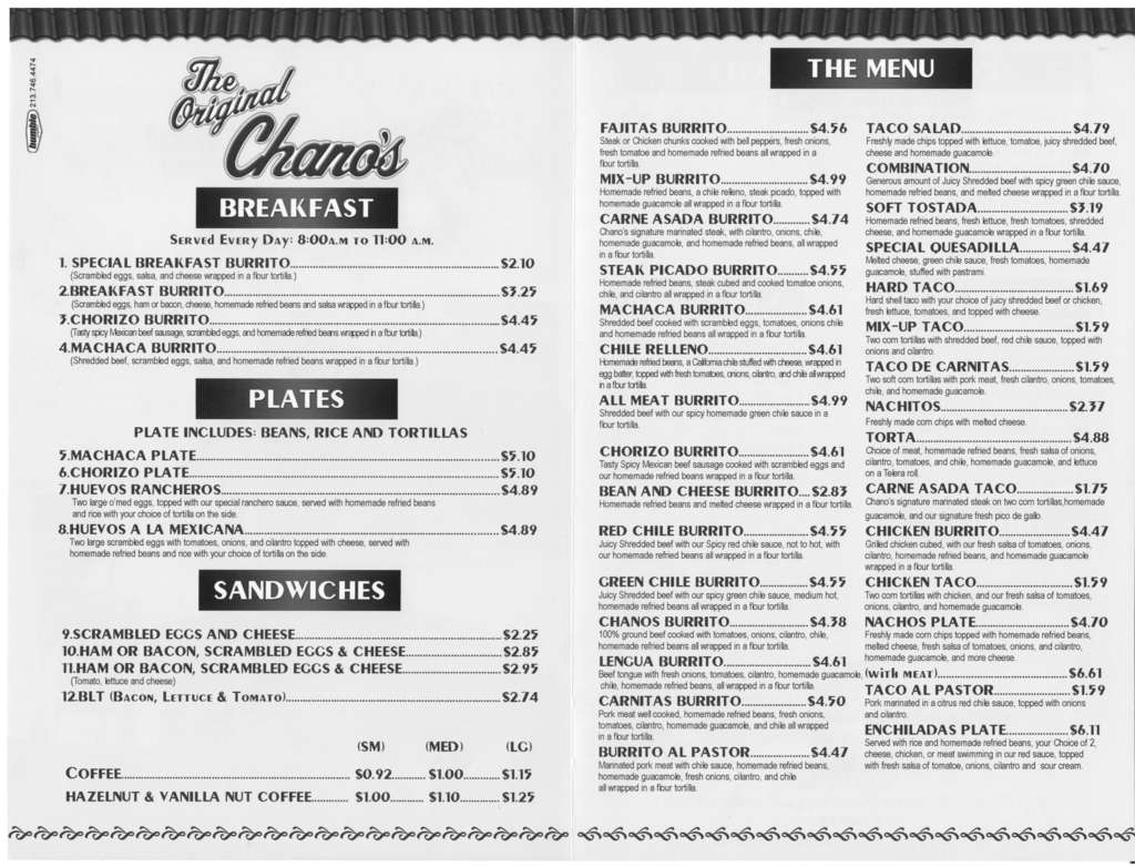 Chano's Drive In Menu, Menu for Chano's Drive In, Exposition Park, Los