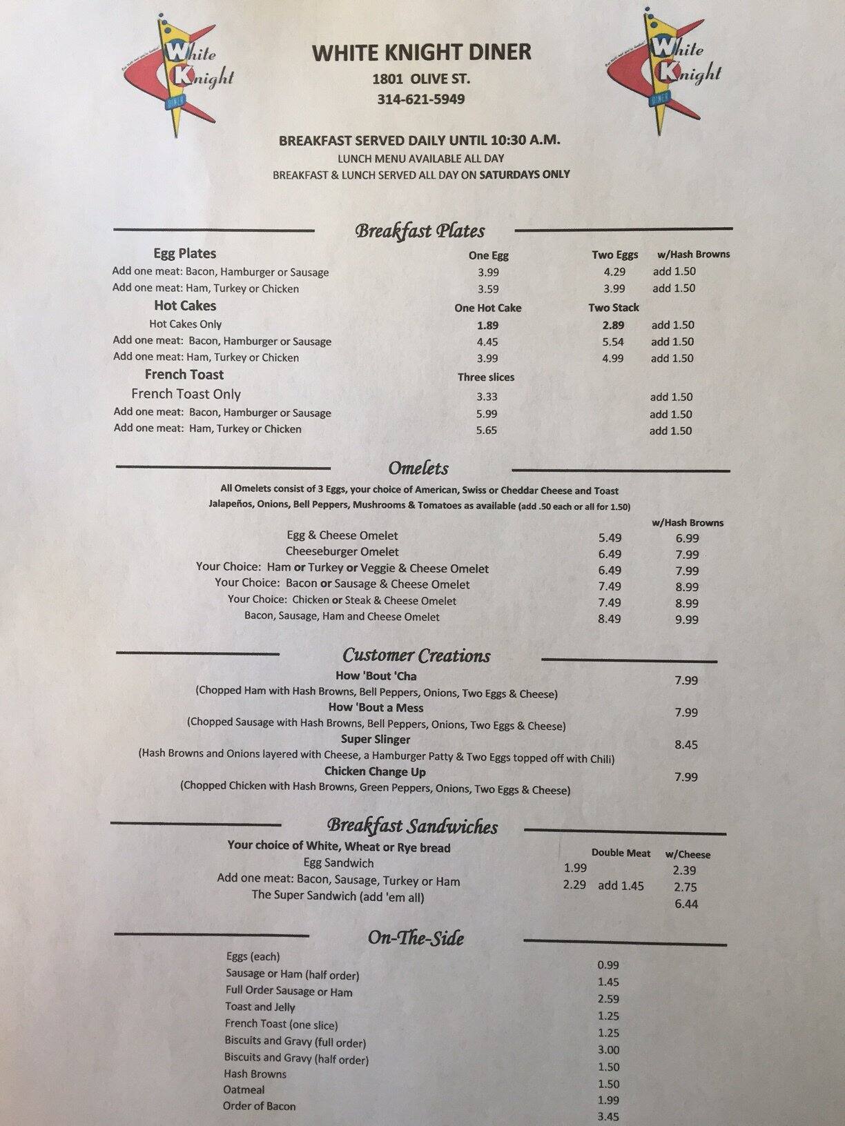 White Knight Diner Menu, Menu for White Knight Diner, Downtown, St