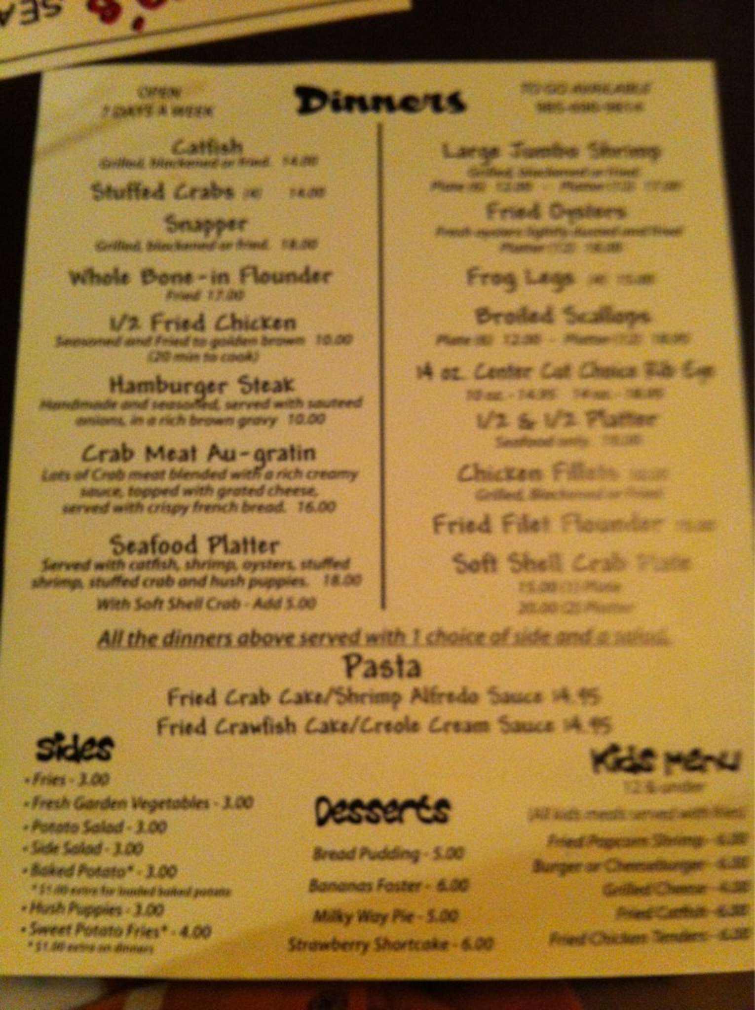 Menu at Vera's Seafood steakhouse, Slidell