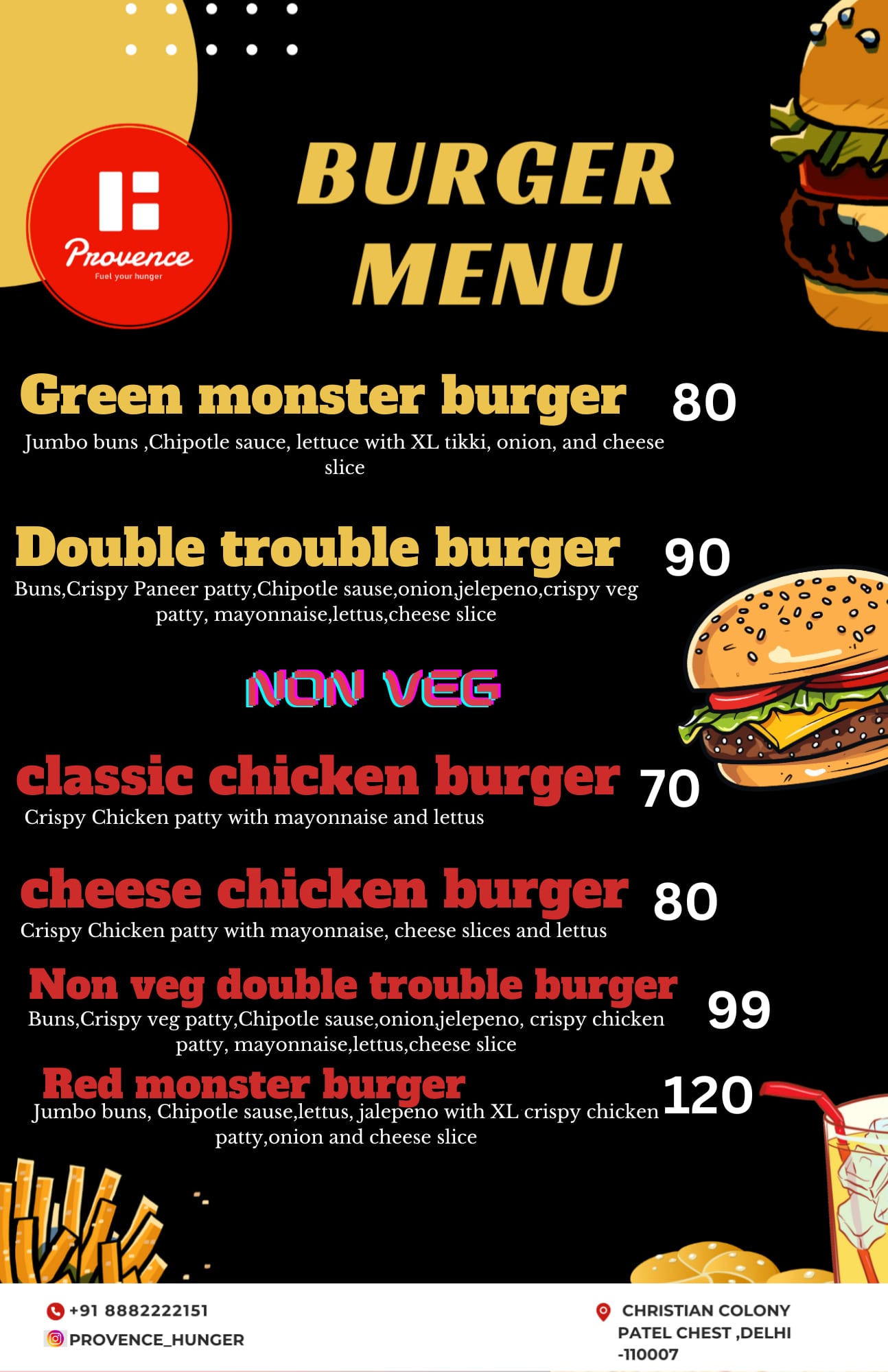 Menu of Provence Burgers, Vijay Nagar, New Delhi