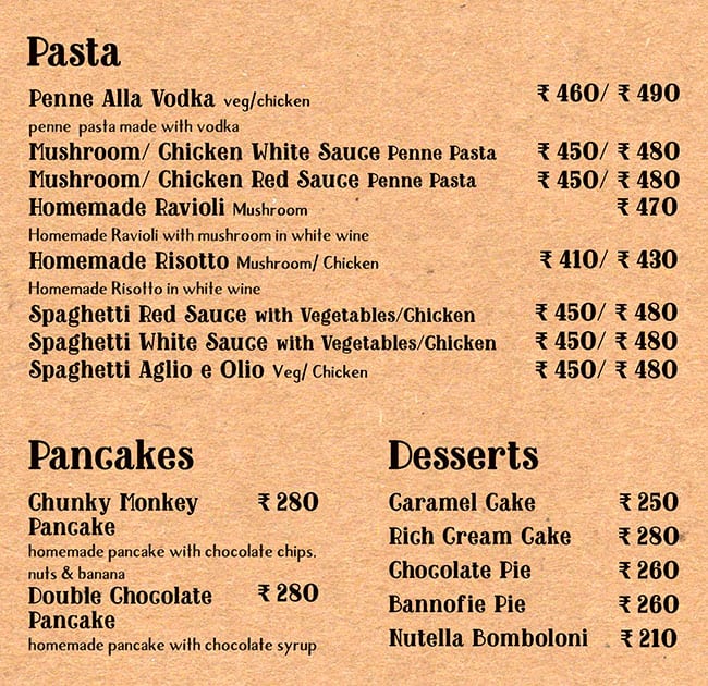 Menu at Café De Piccolo, Dehradun, 180