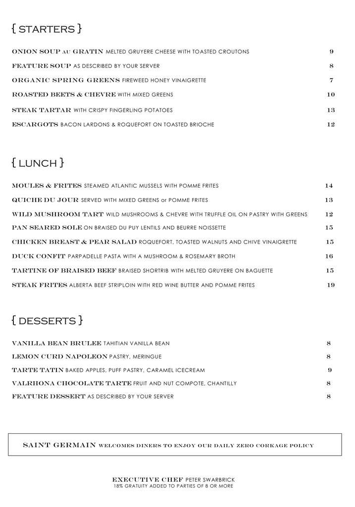 Saint Germain menu