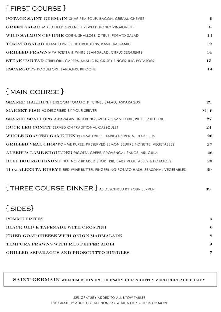 Saint Germain menu