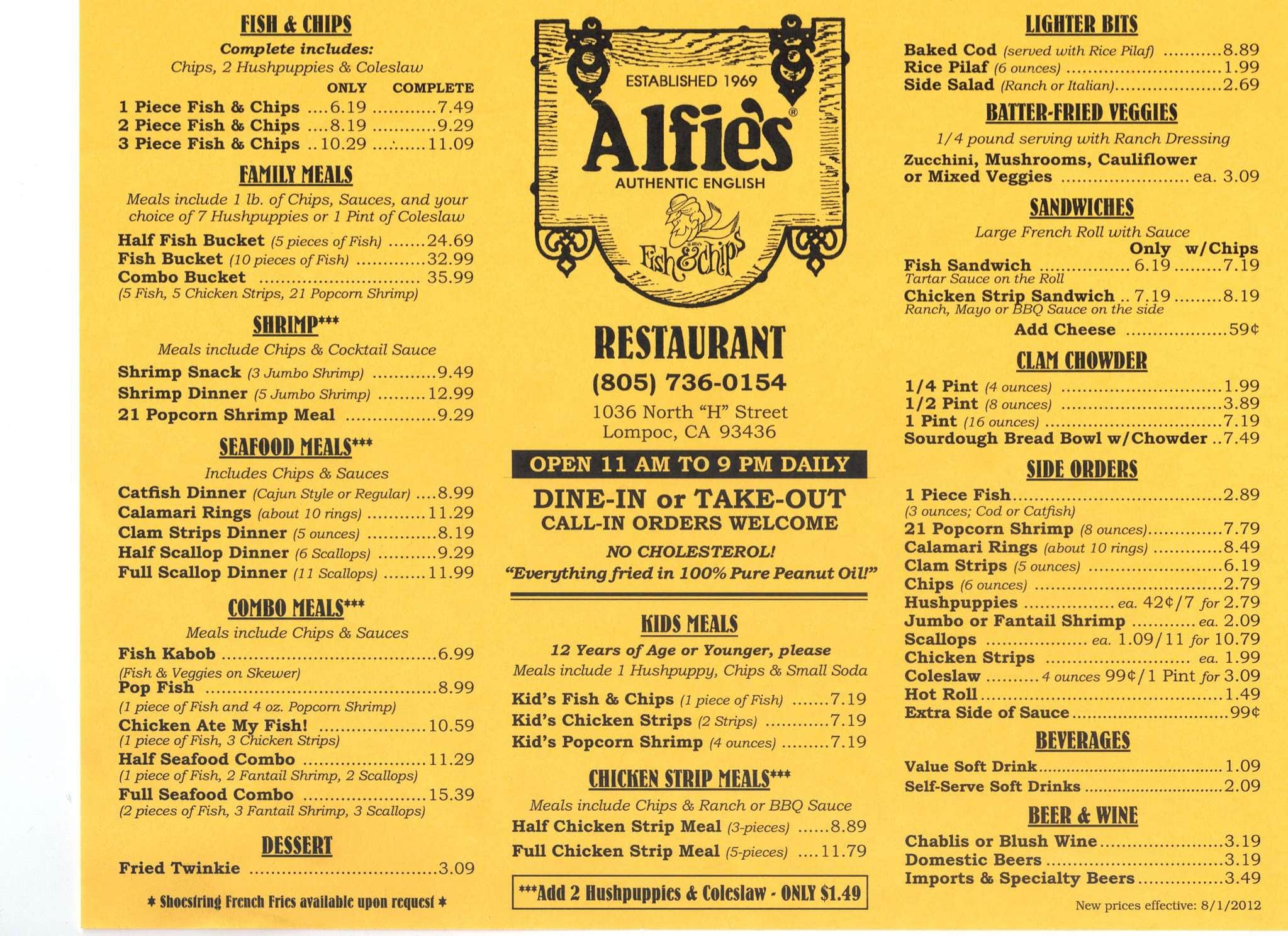 Menu at Alfie's Fish & Chips restaurant, Lompoc