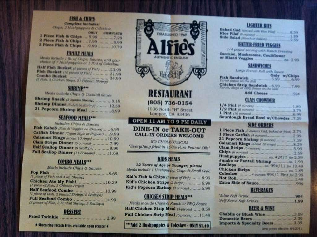 Alfie S Fish Chips Menu Menu For Alfie S Fish Chips Lompoc