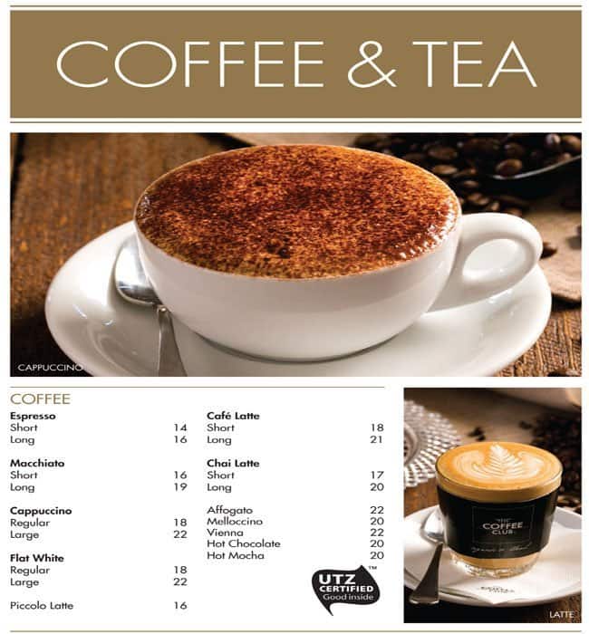 The Coffee Club Menu, Menu for The Coffee Club, Marina Village, Abu