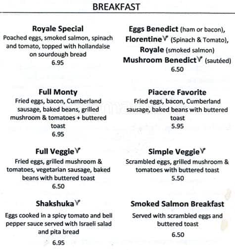 Piacere Cafe menu