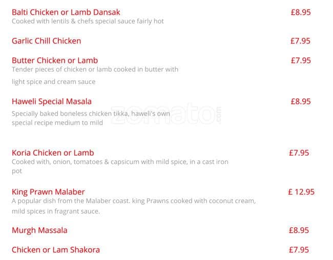 Haweli Of Sutton Indian Restaurant menu