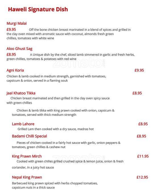 Haweli Of Sutton Indian Restaurant menu