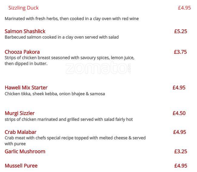 Haweli Of Sutton Indian Restaurant menu
