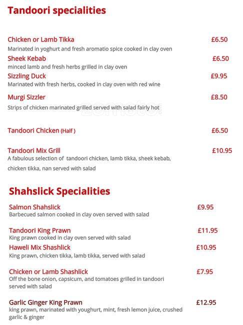 Haweli Of Sutton Indian Restaurant menu