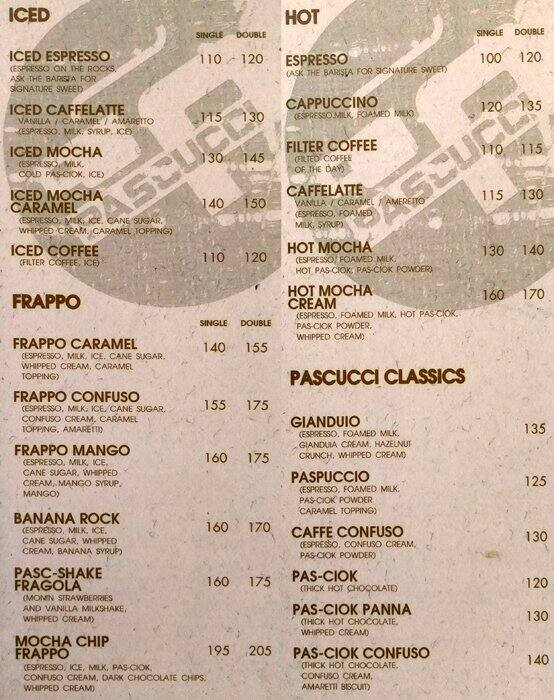 Caffe Pascucci Menu, Menu for Caffe Pascucci, Glorietta Complex, Makati