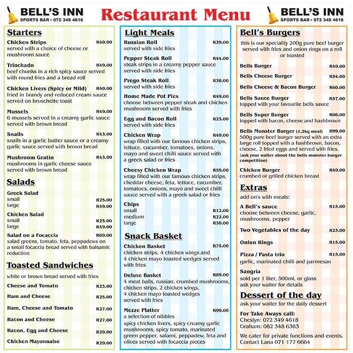 Bells Inn Sports Bar Menu, Menu for Bells Inn Sports Bar, Glenvista ...