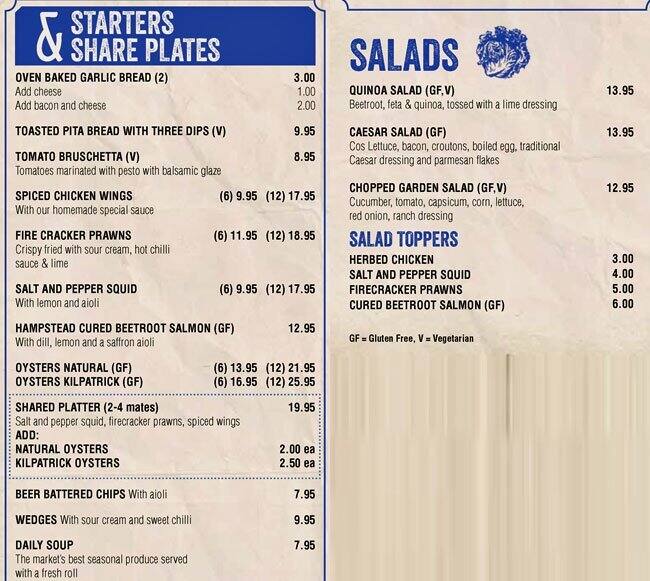 Hampstead Hotel Menu, Menu for Hampstead Hotel, Walkerville, Adelaide