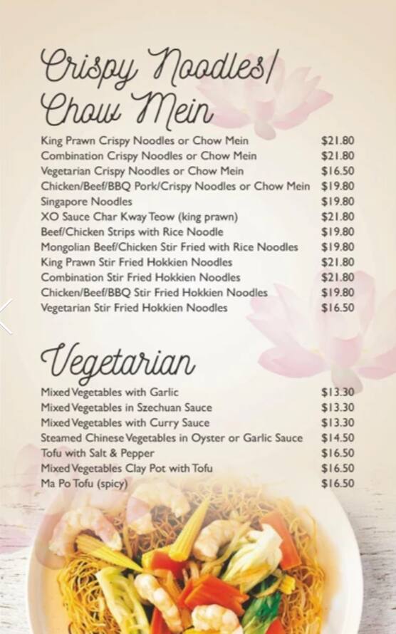 Menu at Lotus Room restaurant, Enoggera, 340 Wardell St