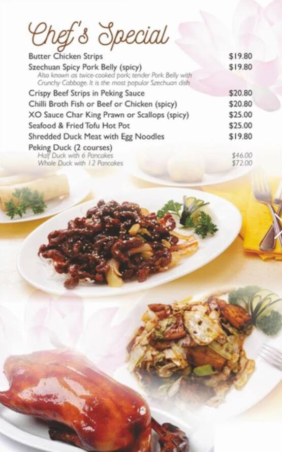 Menu at Lotus Room restaurant, Enoggera, 340 Wardell St