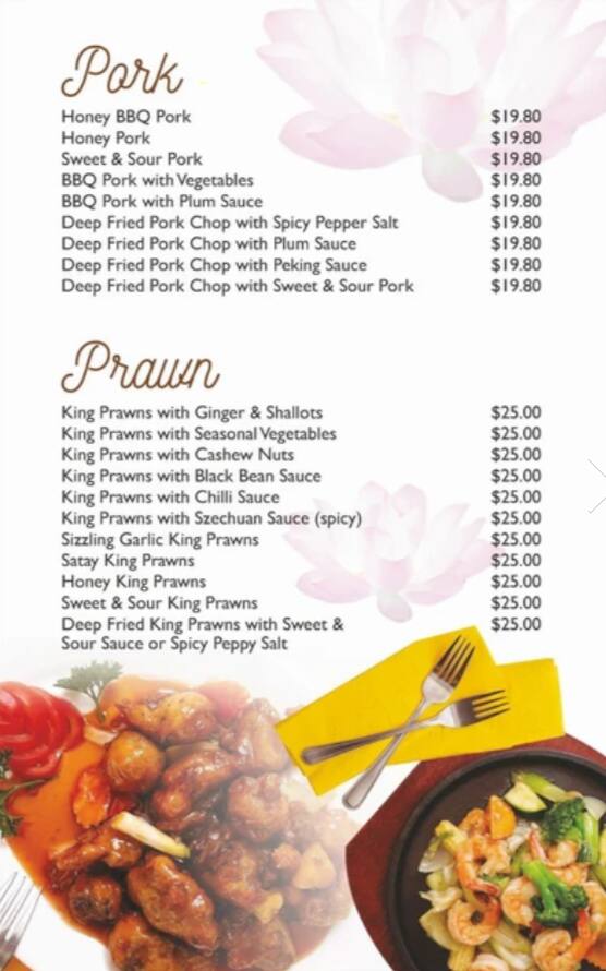 Menu at Lotus Room restaurant, Enoggera, 340 Wardell St